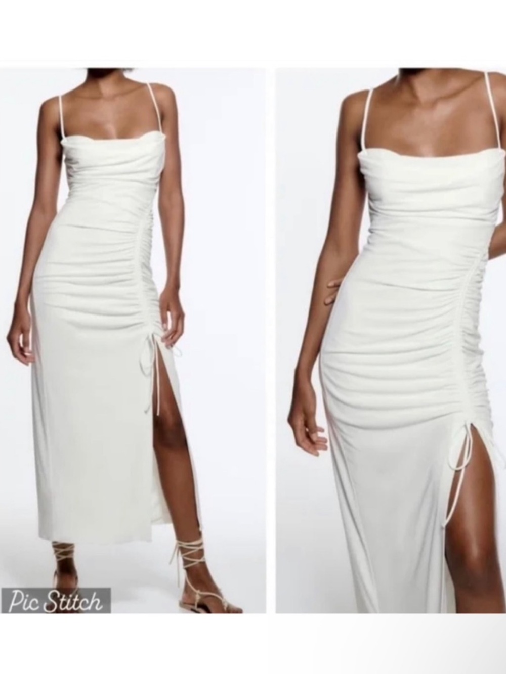 Zara White Ruched Slip Maxi Dress